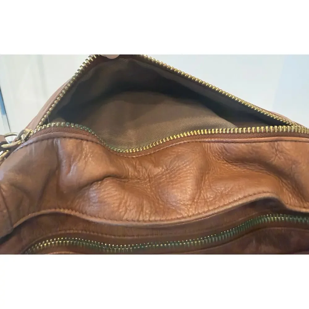Halogen Brown Leather Medium Chain Accent Expanding Crossbody Purse‎ Bag